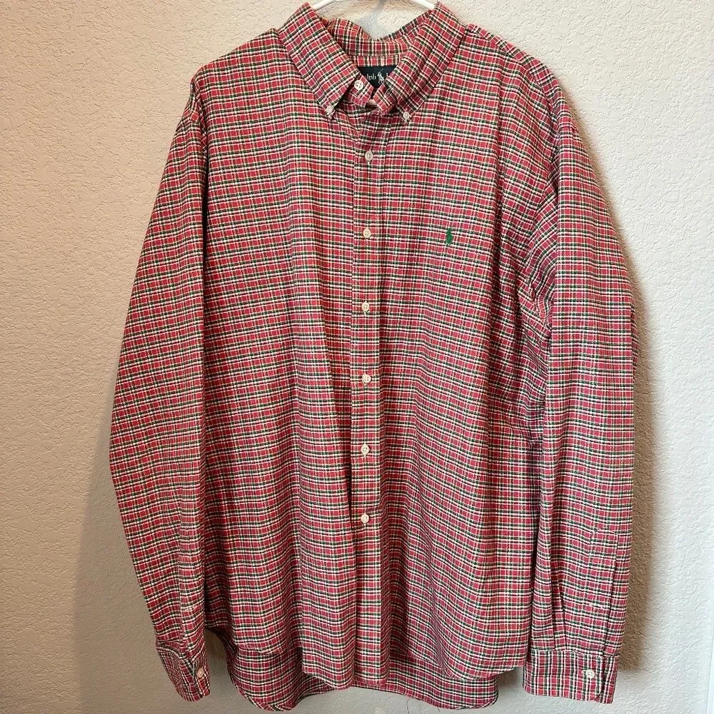 Men’s Polo Ralph Lauren Red & Green Plaid 100% Cotton Button Front Shirt XXL EUC